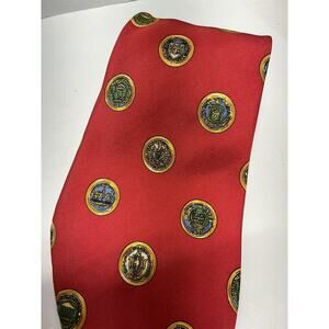 Harrods Knightsbridge Silk Tie Red W/Gold Seal Print 57”x3.5” - Ascot By Harrods